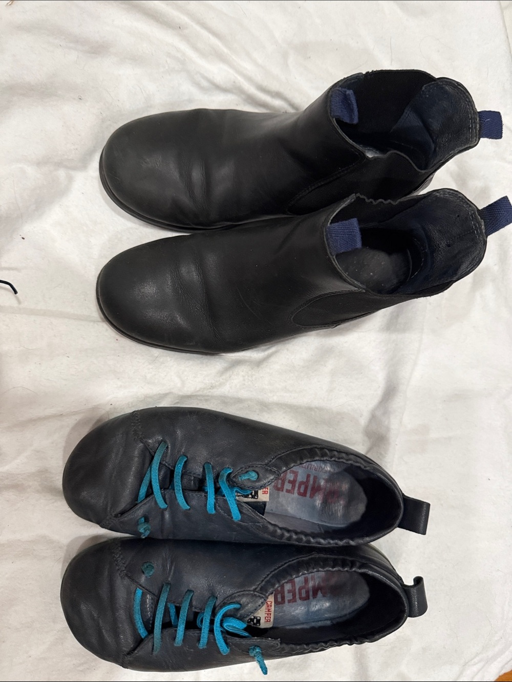 Camper kids Black Leather Boots and navy blue sneakers each $30 both 50$